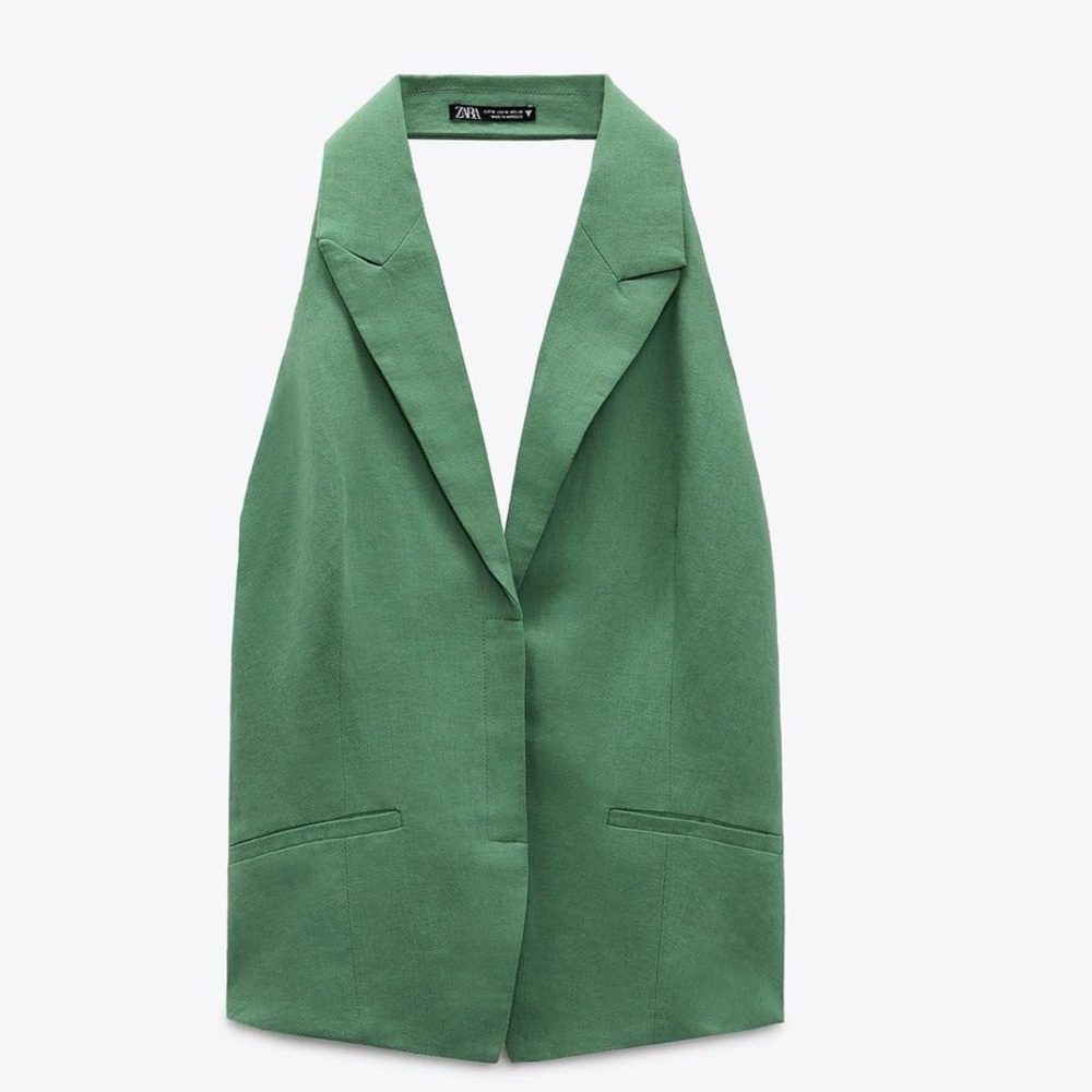 Green Sleeveless Blazer Vest open back halter Linen